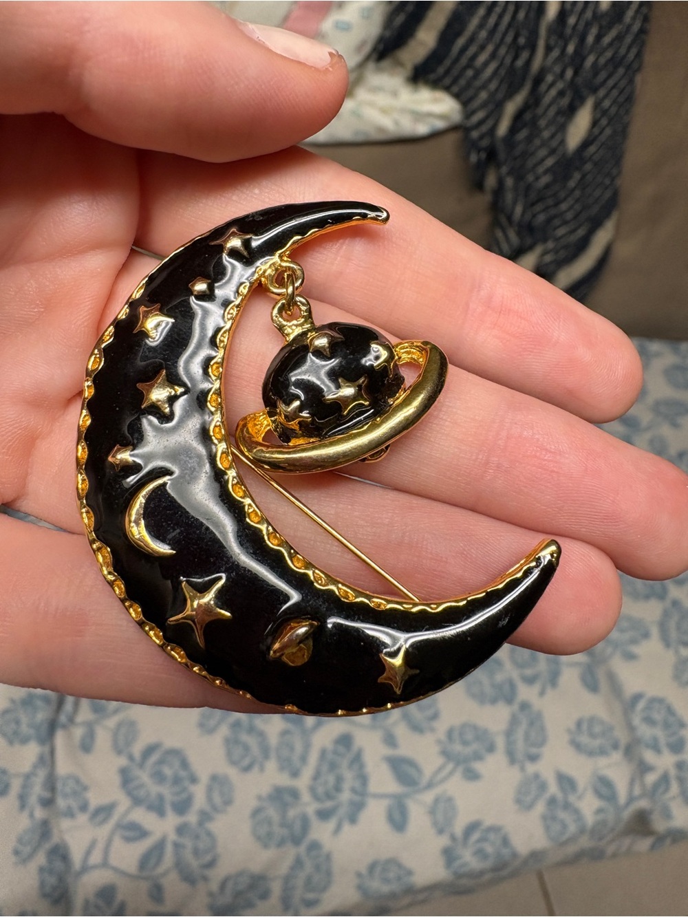 Black Enamel Crescent Moon Brooch with Celestial Saturn Dangle Charm